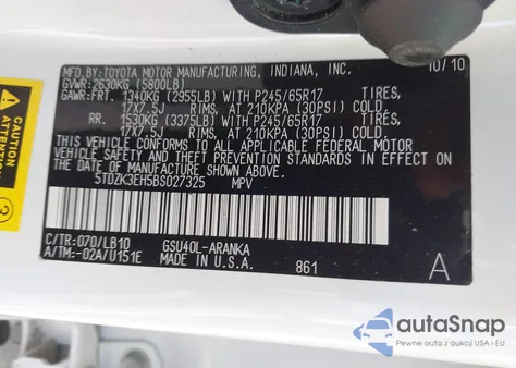 2011 Toyota Highlander Se V6 z USA, uszkodzony, nr VIN 5TDZK3EH5BS027325